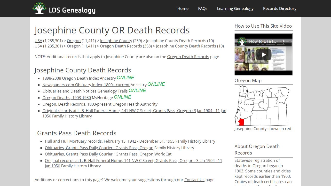 Josephine County OR Death Records - LDS Genealogy